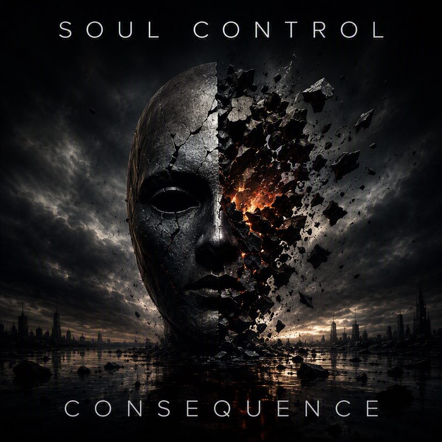 Consequence cover: a cracked stone face breaking apart under a stormy sky